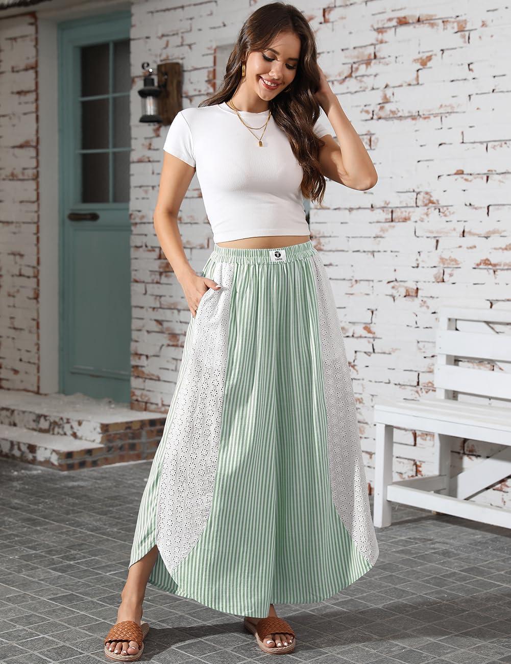 imageTARSE Womens Wide Leg Striped Boho Palazzo Pants with Lace Panel Summer Loose Elastic Waist Beach Vacation Lounge PantsGreen White Striped