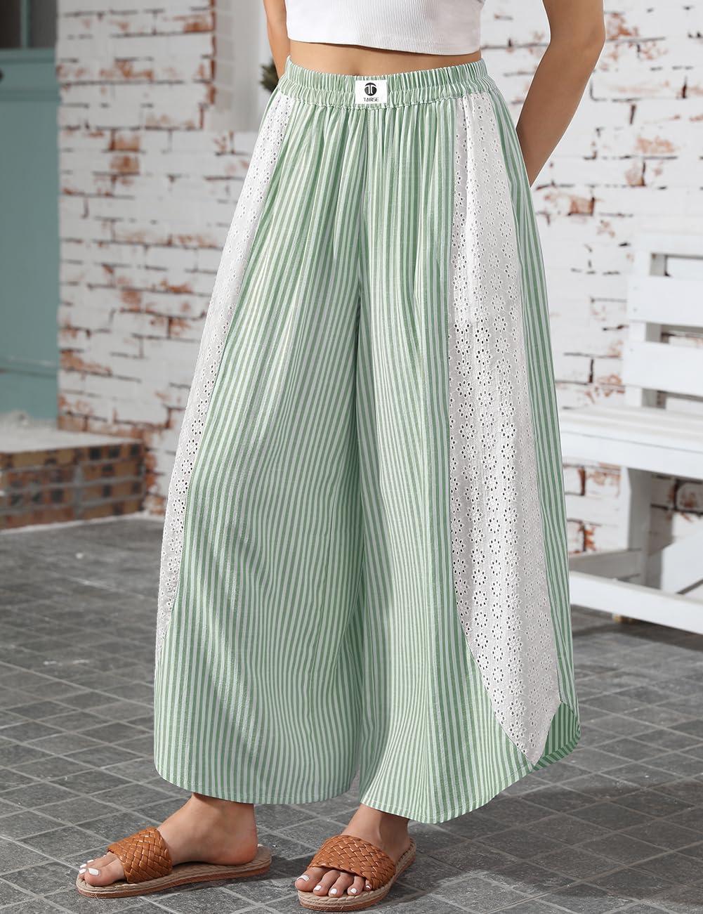 imageTARSE Womens Wide Leg Striped Boho Palazzo Pants with Lace Panel Summer Loose Elastic Waist Beach Vacation Lounge PantsGreen White Striped