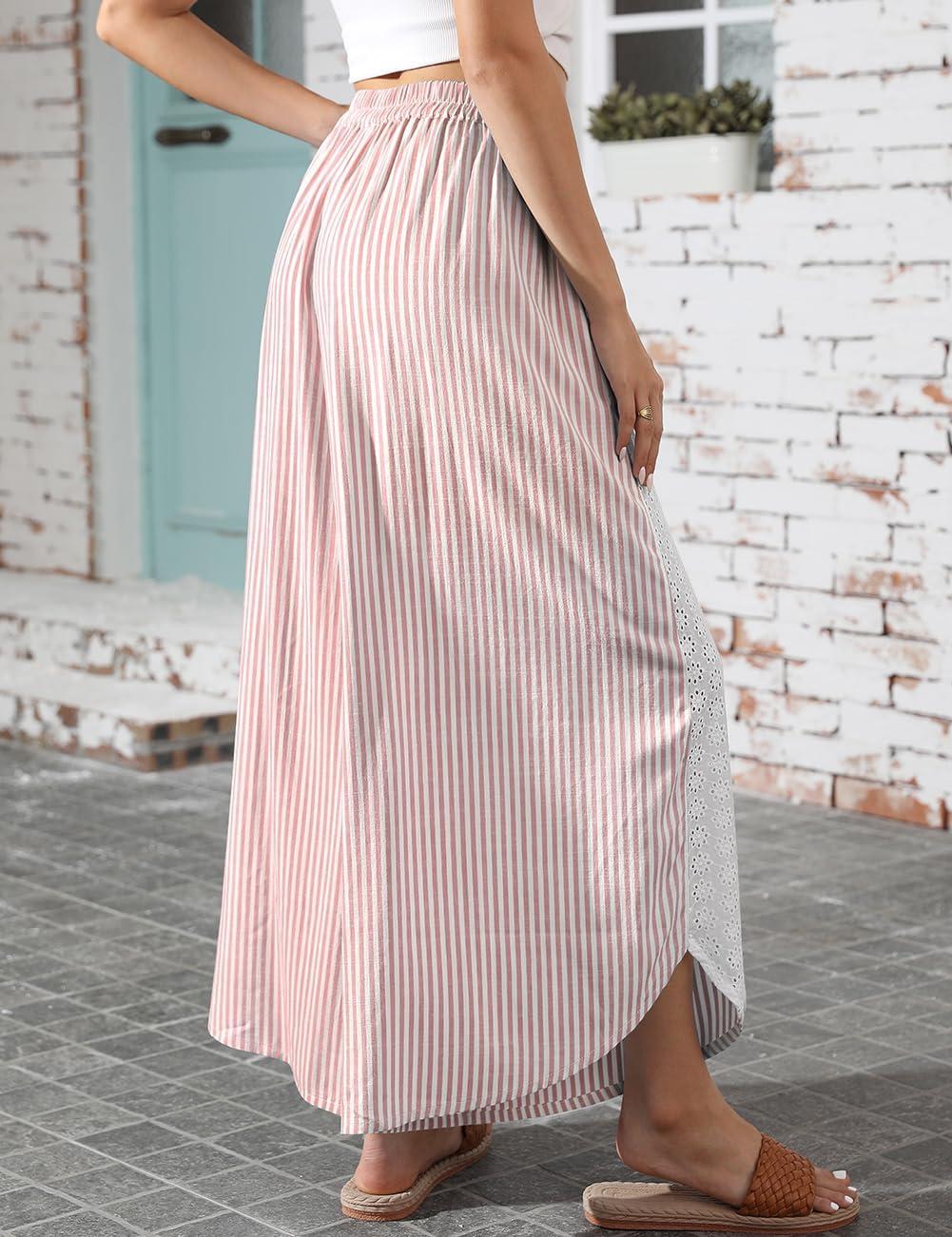 imageTARSE Womens Wide Leg Striped Boho Palazzo Pants with Lace Panel Summer Loose Elastic Waist Beach Vacation Lounge PantsRed White Striped