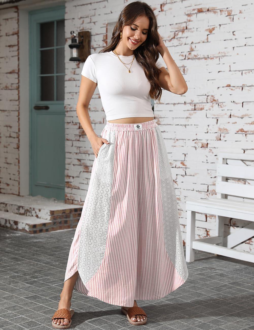 imageTARSE Womens Wide Leg Striped Boho Palazzo Pants with Lace Panel Summer Loose Elastic Waist Beach Vacation Lounge PantsRed White Striped