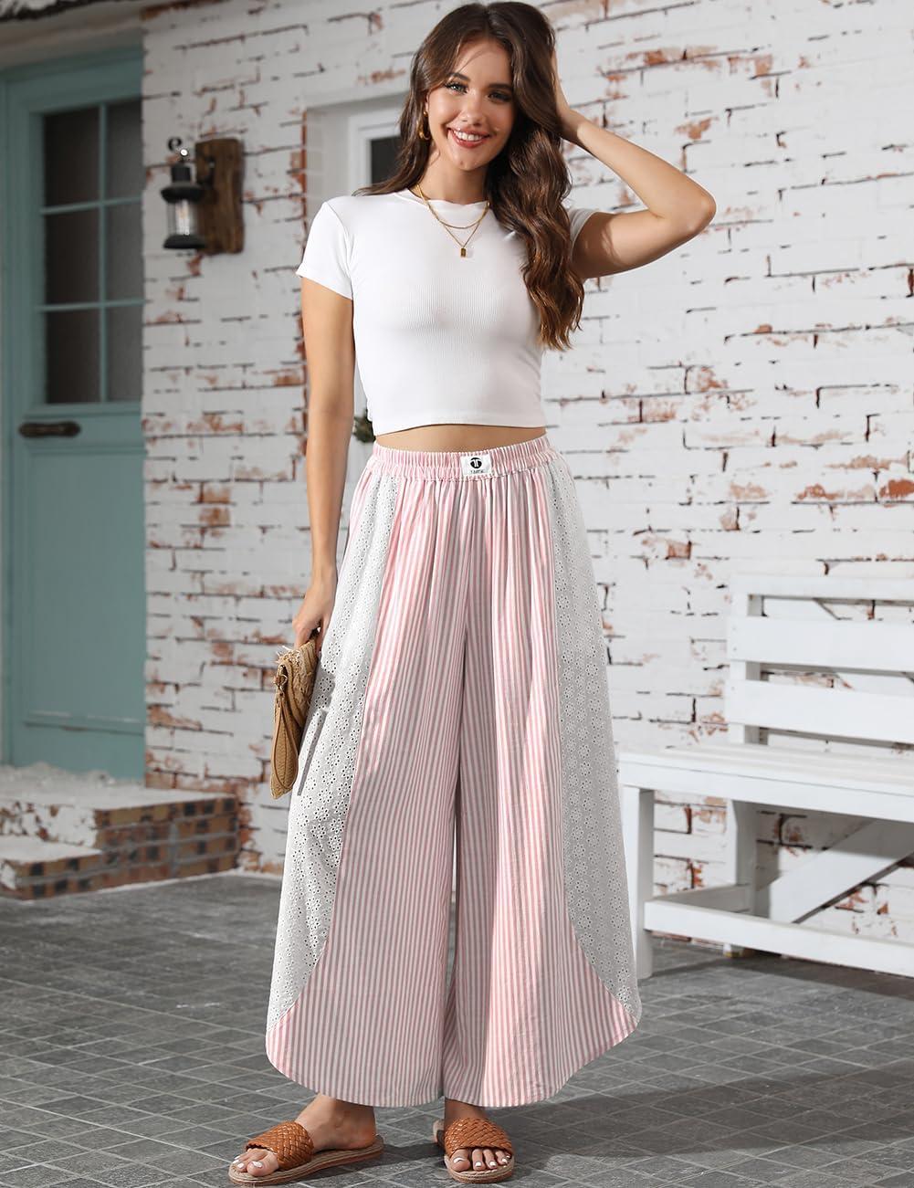 imageTARSE Womens Wide Leg Striped Boho Palazzo Pants with Lace Panel Summer Loose Elastic Waist Beach Vacation Lounge PantsRed White Striped