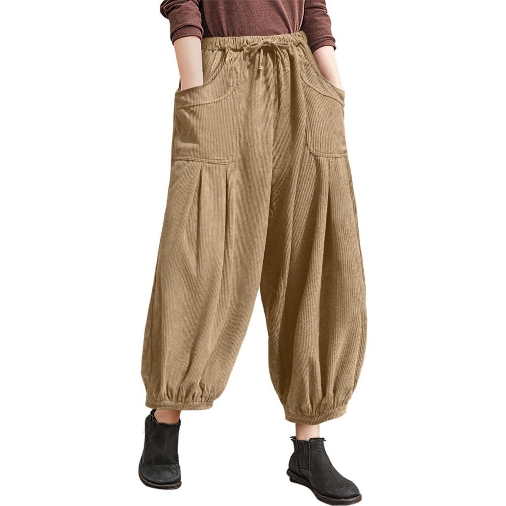 imageTARSE Womens Corduroy Pants Harem Casual Loose Fit Baggy Elastic Waist Lantern Fall Pants with PocketsCamel
