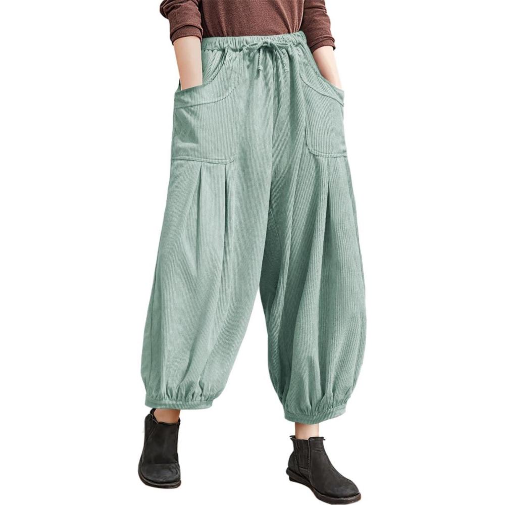 imageTARSE Womens Corduroy Pants Harem Casual Loose Fit Baggy Elastic Waist Lantern Fall Pants with PocketsGray Green