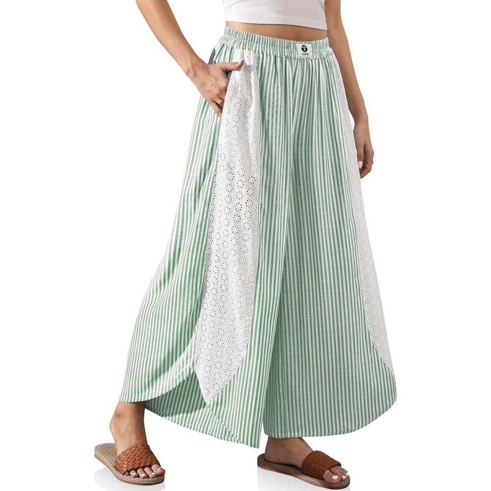 imageTARSE Womens Wide Leg Striped Boho Palazzo Pants with Lace Panel Summer Loose Elastic Waist Beach Vacation Lounge PantsGreen White Striped