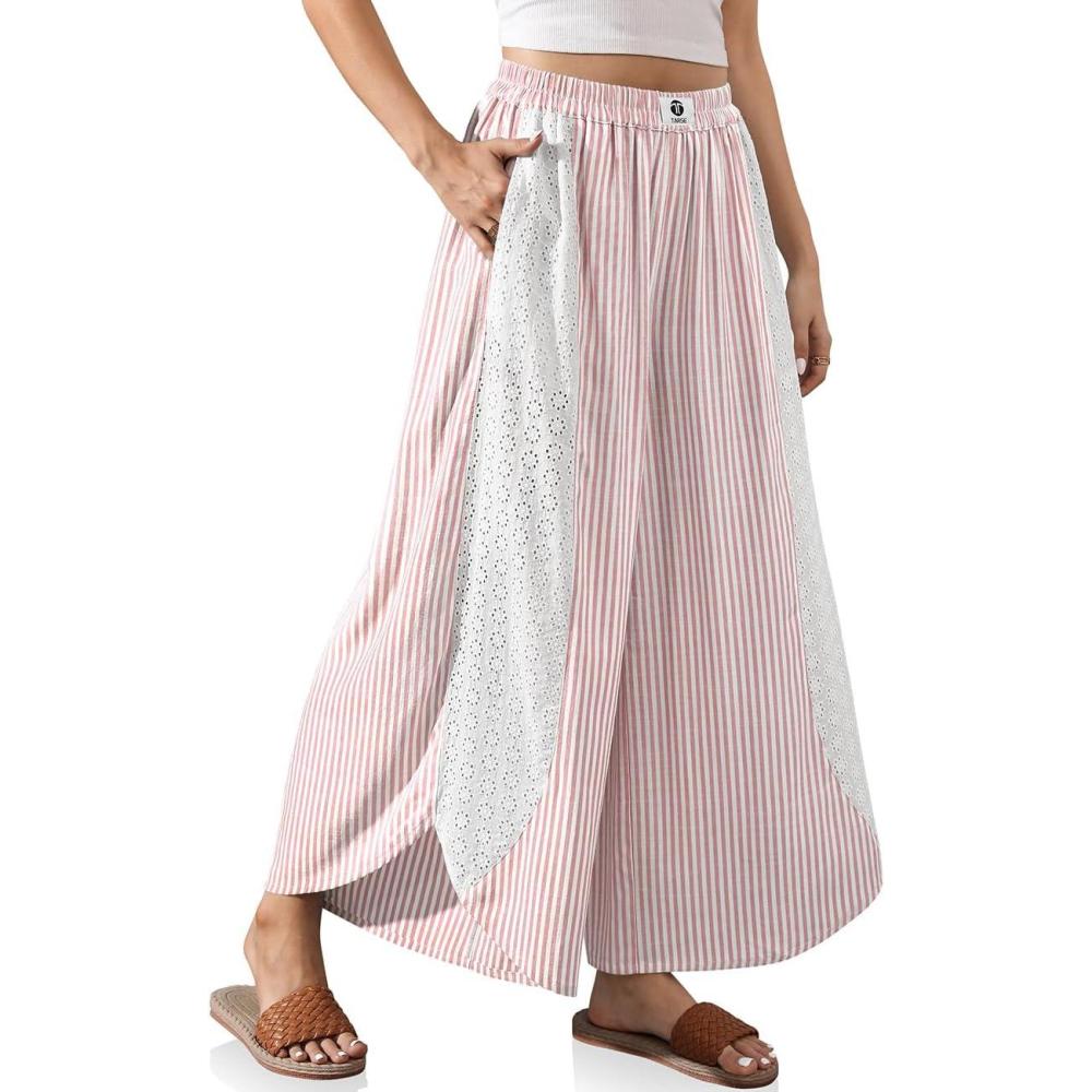 imageTARSE Womens Wide Leg Striped Boho Palazzo Pants with Lace Panel Summer Loose Elastic Waist Beach Vacation Lounge PantsRed White Striped