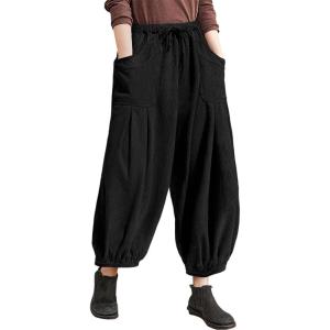 TARSE Womens Corduroy Pants Harem Casual Loose Fit Baggy Elastic Waist Lantern Fall Pants with Pockets(Black)