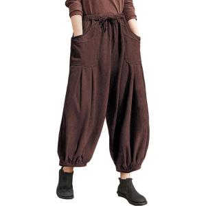 TARSE Womens Corduroy Pants Harem Casual Loose Fit Baggy Elastic Waist Lantern Fall Pants with Pockets(Dark Coffee)