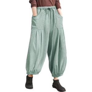 TARSE Womens Corduroy Pants Harem Casual Loose Fit Baggy Elastic Waist Lantern Fall Pants with Pockets(Gray Green)