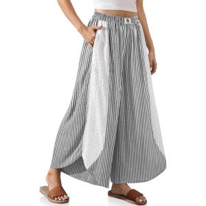 TARSE Womens Wide Leg Striped Boho Palazzo Pants with Lace Panel Summer Loose Elastic Waist Beach Vacation Lounge Pants(Black White Striped)