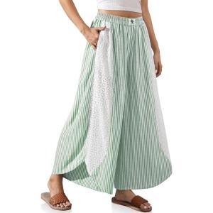 TARSE Womens Wide Leg Striped Boho Palazzo Pants with Lace Panel Summer Loose Elastic Waist Beach Vacation Lounge Pants(Green White Striped)
