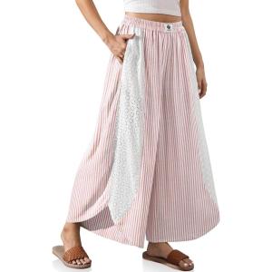 TARSE Womens Wide Leg Striped Boho Palazzo Pants with Lace Panel Summer Loose Elastic Waist Beach Vacation Lounge Pants(Red White Striped)