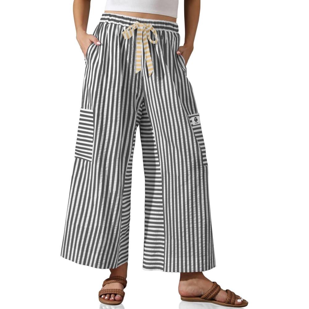 imageTARSE Womens Striped Wide Leg Pants Drawstring Casual Boho Palazzo Pants Loose Lounge Beach Vacation TrousersBlack White Striped