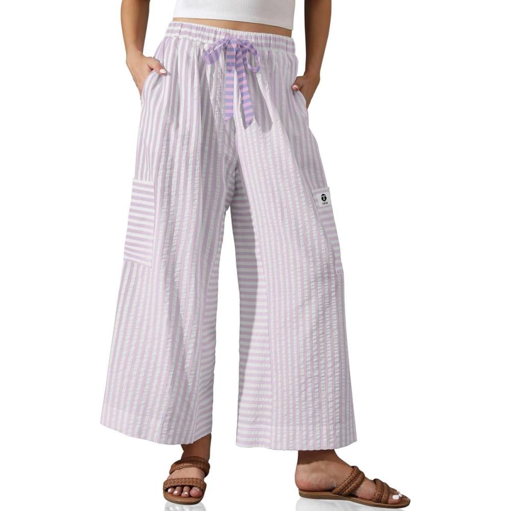 imageTARSE Womens Striped Wide Leg Pants Drawstring Casual Boho Palazzo Pants Loose Lounge Beach Vacation TrousersPink White Striped