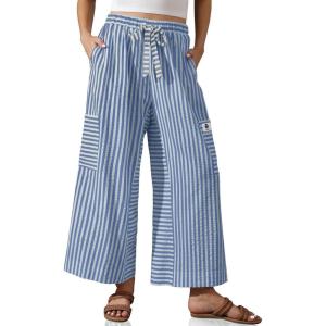 TARSE Women’s Striped Wide Leg Pants Drawstring Casual Boho Palazzo Pants Loose Lounge Beach Vacation Trousers(Dark Light Blue)