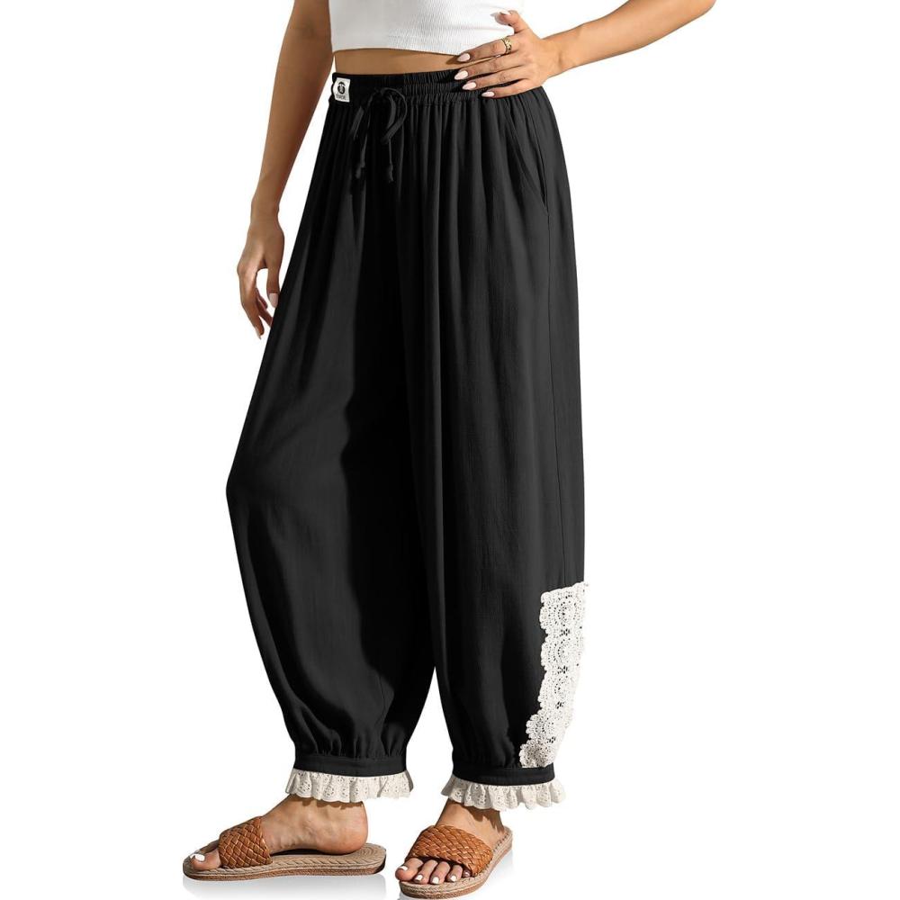 imageTARSE Womens Linen Harem Pants Boho Loose with Lace Trim Casual Vintage Lantern Summer Travel Cropped PantsBlack