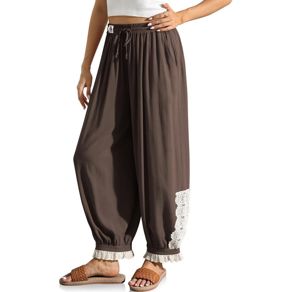 imageTARSE Womens Linen Harem Pants Boho Loose with Lace Trim Casual Vintage Lantern Summer Travel Cropped PantsDark Coffee