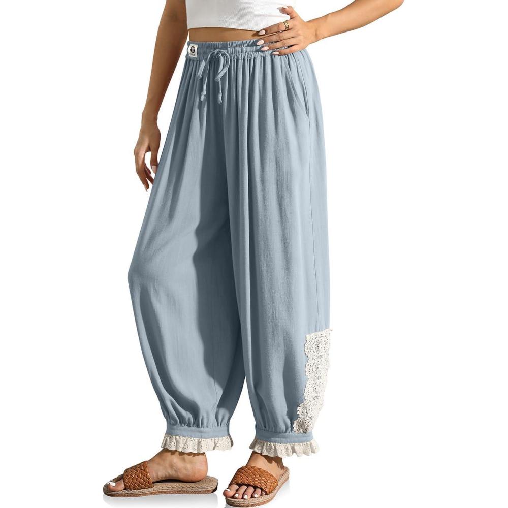 imageTARSE Womens Linen Harem Pants Boho Loose with Lace Trim Casual Vintage Lantern Summer Travel Cropped PantsLight Gray Blue