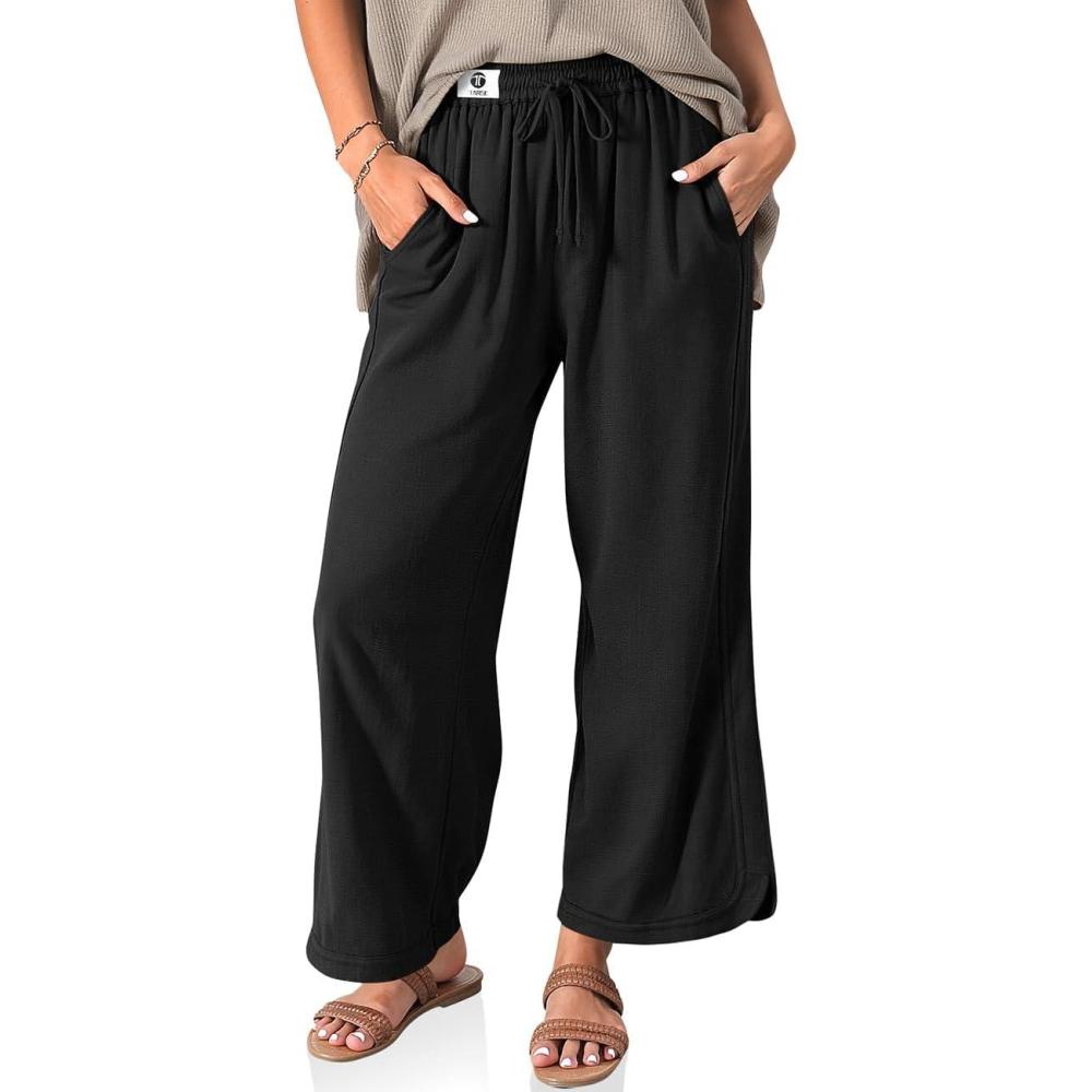 imageTARSE Women Linen Wide Leg Pants Casual Loose Drawstring Summer Beach Travel Vacation Palazzo Pants with PocketsBlack