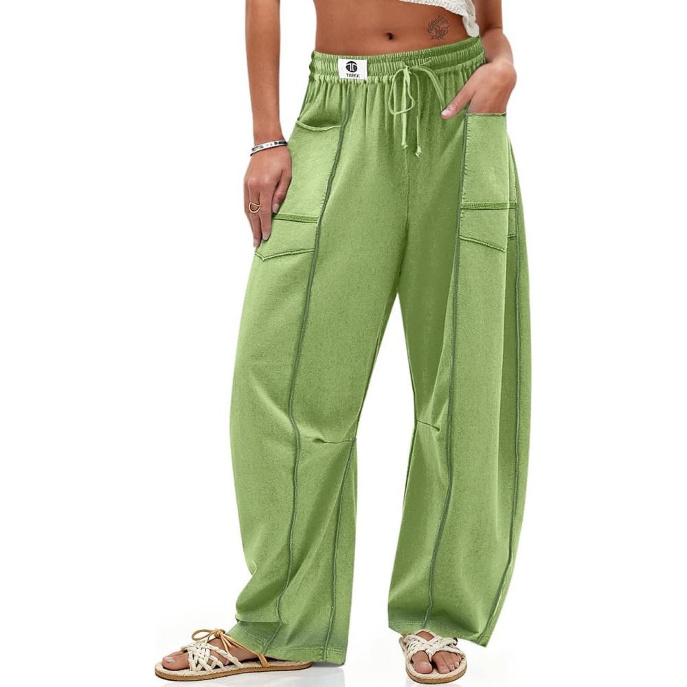 imageTARSE Womens Barrel Linen Pants High Waisted Harem Casual Loose Fit Wide Leg Baggy Drawstring Pants with PocketsLight Mossy