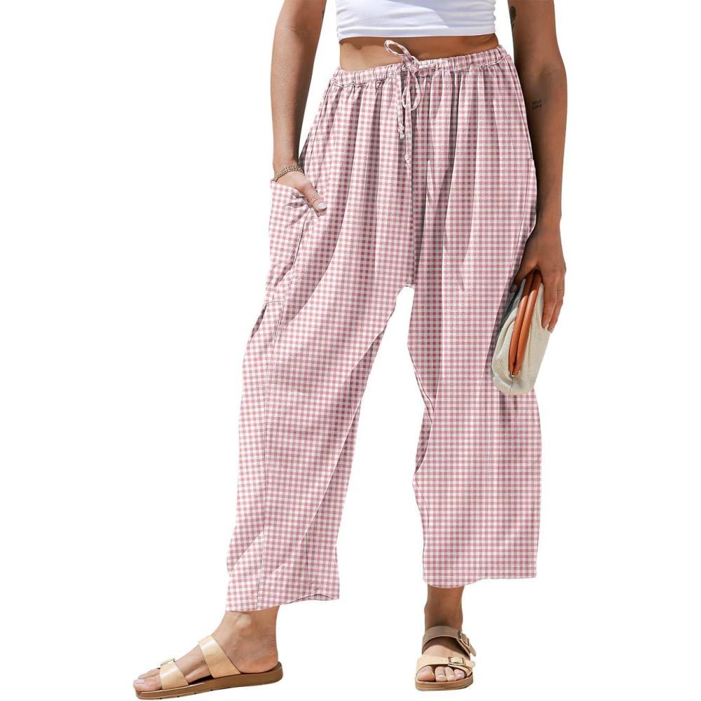 imageTARSE Womens Linen Wide Leg Striped Pants Casual Barrel Loose Drawstring Low Waist Palazzo Harem Pants with PocketsBeanpaste White Plaid