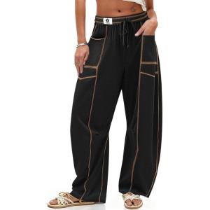 TARSE Womens Barrel Linen Pants High Waisted Harem Casual Loose Fit Wide Leg Baggy Drawstring Pants with Pockets(Black)