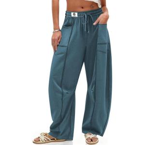 TARSE Womens Barrel Linen Pants High Waisted Harem Casual Loose Fit Wide Leg Baggy Drawstring Pants with Pockets(Lake Blue)