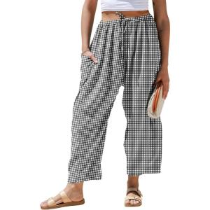 TARSE Womens Linen Wide Leg Striped Pants Casual Barrel Loose Drawstring Low Waist Palazzo Harem Pants with Pockets(Black White Plaid)