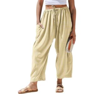 TARSE Womens Linen Wide Leg Striped Pants Casual Barrel Loose Drawstring Low Waist Palazzo Harem Pants with Pockets(Brown White Plaid)