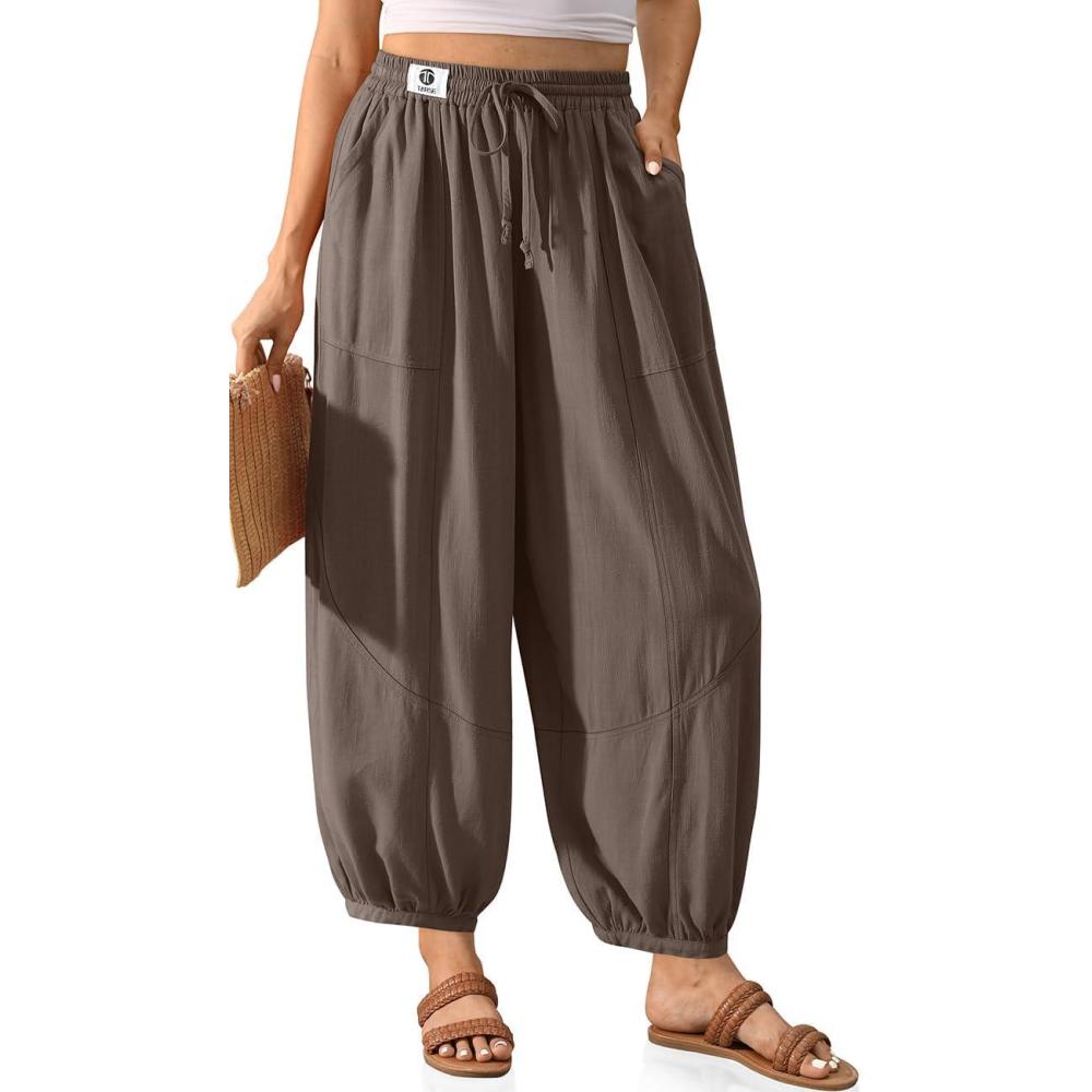 imageTARSE Womens Linen Barrel Harem Pants Casual Wide Leg Baggy Drawstring Boho Summer Beach Palazzo Travel PantsDark Coffee