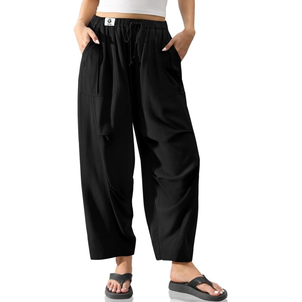 imageTARSE Womens Linen Casual Pants Loose Fit Drawstring Waist Straight Leg Trousers Beach Travel Vacation Clothes with PocketsBlack
