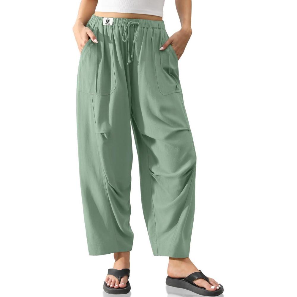 imageTARSE Womens Linen Casual Pants Loose Fit Drawstring Waist Straight Leg Trousers Beach Travel Vacation Clothes with PocketsLight Army Green