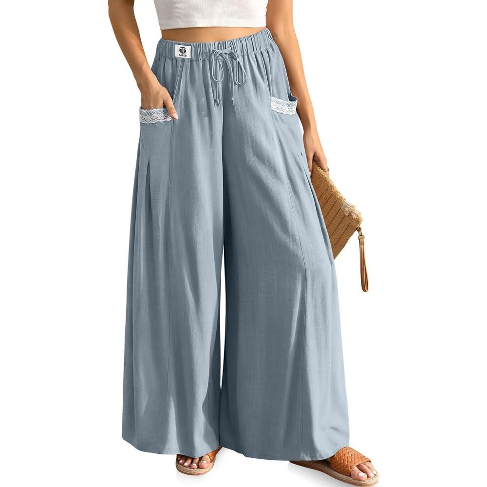 imageTARSE Womens Linen Wide Leg Pants Flowy Palazzo Trendy Casual Lounge Boho Drawstring Trousers Summer Beach with PocketsLight Gray Blue