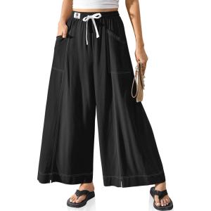 TARSE Women Linen Wide Leg Pants Casual Loose Baggy Palazzo Drawstring Summer Vacation Beach Travel Comfy Lounge Pants(Black)