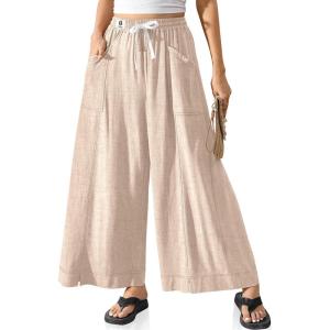 TARSE Women Linen Wide Leg Pants Casual Loose Baggy Palazzo Drawstring Summer Vacation Beach Travel Comfy Lounge Pants(Heather Light Khaki)