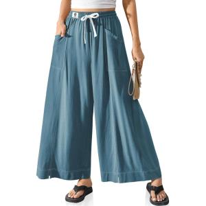 TARSE Women Linen Wide Leg Pants Casual Loose Baggy Palazzo Drawstring Summer Vacation Beach Travel Comfy Lounge Pants(Lake Blue)
