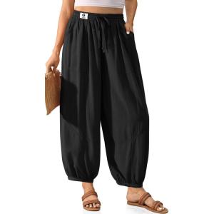 TARSE Womens Linen Barrel Harem Pants Casual Wide Leg Baggy Drawstring Boho Summer Beach Palazzo Travel Pants(Black)