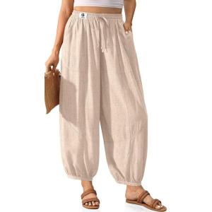 TARSE Womens Linen Barrel Harem Pants Casual Wide Leg Baggy Drawstring Boho Summer Beach Palazzo Travel Pants(Heather Light Khaki)