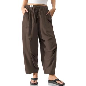 TARSE Women’s Linen Casual Pants Loose Fit Drawstring Waist Straight Leg Trousers Beach Travel Vacation Clothes with Pockets(Dark Coffee)
