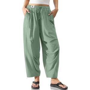 TARSE Women’s Linen Casual Pants Loose Fit Drawstring Waist Straight Leg Trousers Beach Travel Vacation Clothes with Pockets(Light Army Green)
