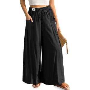 TARSE Women’s Linen Wide Leg Pants Flowy Palazzo Trendy Casual Lounge Boho Drawstring Trousers Summer Beach with Pockets(Black)