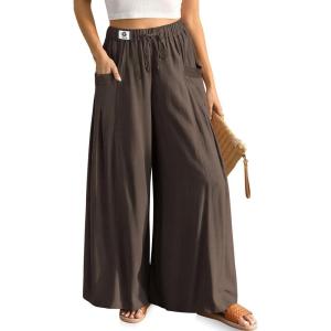 TARSE Women’s Linen Wide Leg Pants Flowy Palazzo Trendy Casual Lounge Boho Drawstring Trousers Summer Beach with Pockets(Dark Coffee)
