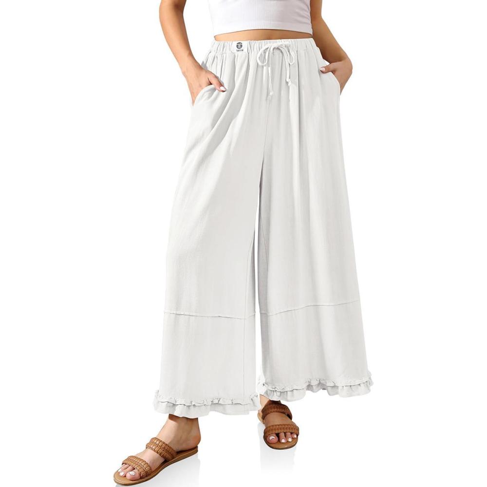 imageTARSE Womens Linen Palazzo Pants Ruffle Wide Leg Cropped Flowy Drawstring Casual Loose Summer Beach with PocketsWhite