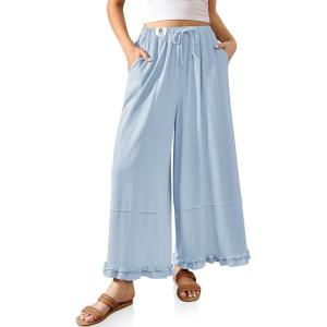 TARSE Womens Linen Palazzo Pants Ruffle Wide Leg Cropped Flowy Drawstring Casual Loose Summer Beach with Pockets(Aqua Blue)