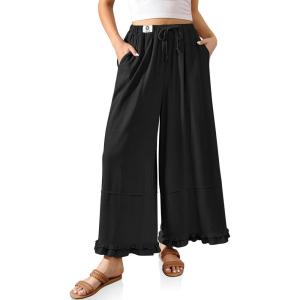 TARSE Womens Linen Palazzo Pants Ruffle Wide Leg Cropped Flowy Drawstring Casual Loose Summer Beach with Pockets(Black)