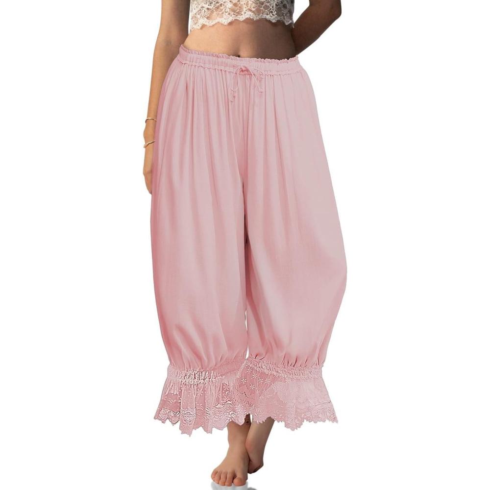 imageTARSE Women Linen Lace Trim Long Bloomers Pants Ruffle Victorian Vintage Pantaloons Summer Beach Travel Vacation PantsPeach Pink