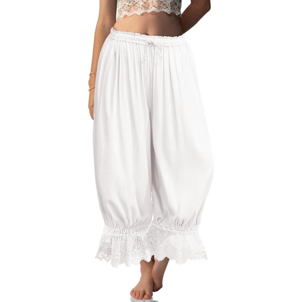 imageTARSE Women Linen Lace Trim Long Bloomers Pants Ruffle Victorian Vintage Pantaloons Summer Beach Travel Vacation PantsWhite