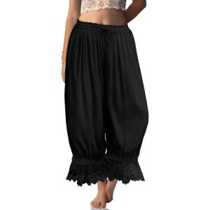 TARSE Women Linen Lace Trim Long Bloomers Pants Ruffle Victorian Vintage Pantaloons Summer Beach Travel Vacation Pants(Black)