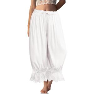 TARSE Women Linen Lace Trim Long Bloomers Pants Ruffle Victorian Vintage Pantaloons Summer Beach Travel Vacation Pants(White)