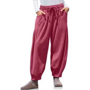 TARSE Womens Baggy Wide Leg Pants Corduroy Casual Drawstring Waist Palazzo Harem Pants with Pockets(Magenta)