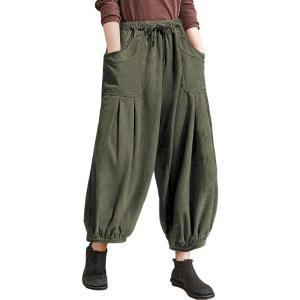 TARSE Womens Corduroy Pants Harem Casual Loose Fit Baggy Elastic Waist Lantern Fall Pants with Pockets(Army Green)